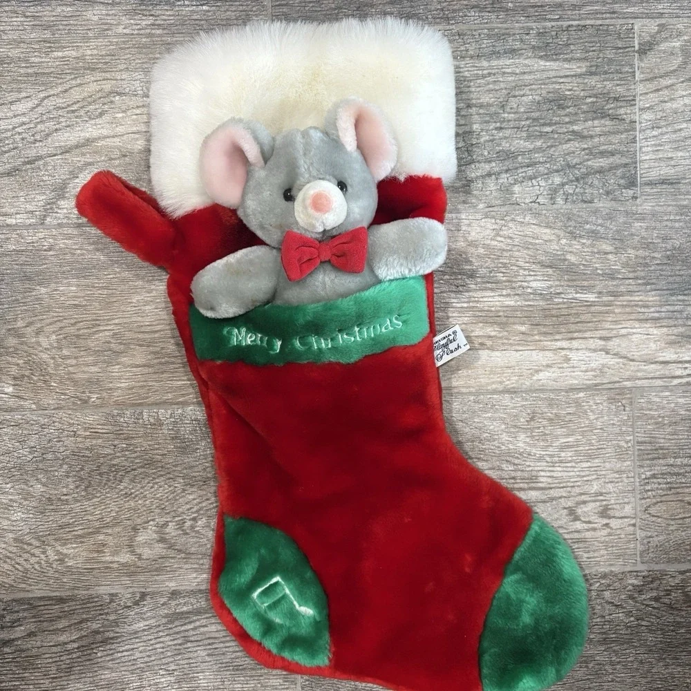 Vintage 1988 Chrisha Playful Plush Mouse Bow Tie 3D Christmas Stocking 21